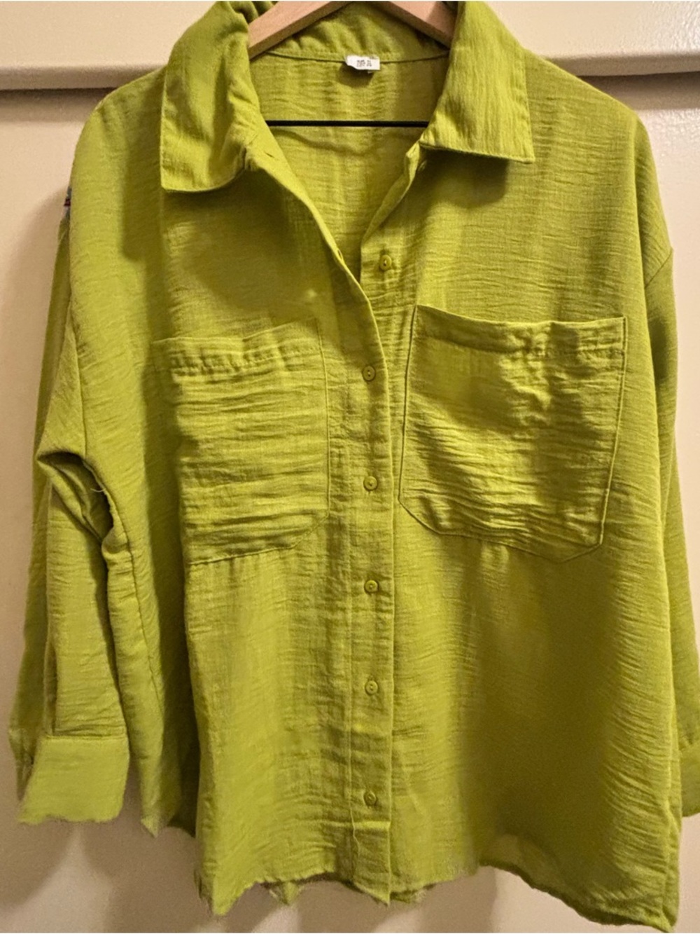 Marvella by Rasha Lime Green shirt back decorative printed panel, white fringe 6